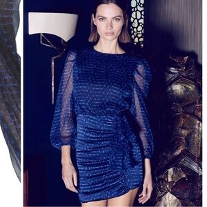 NWT MISA Amber Sheer Sleeve Electric Blue Mini Dress